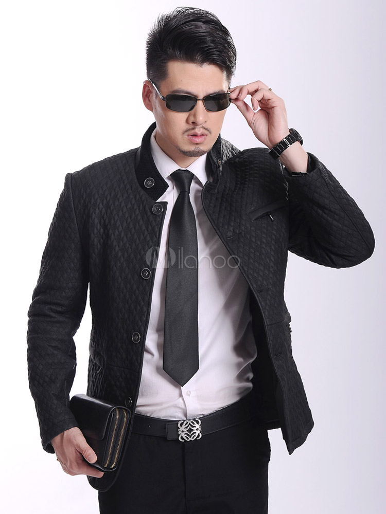 Stylish Black Quilted Leather Stand Collar Front Button Men's Jacket ...
