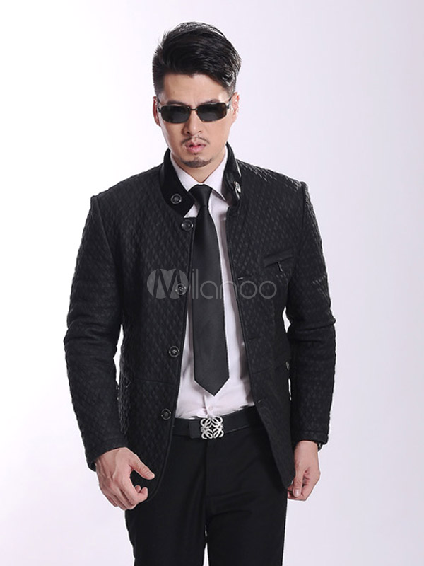 Stylish Black Quilted Leather Stand Collar Front Button Men's Jacket ...