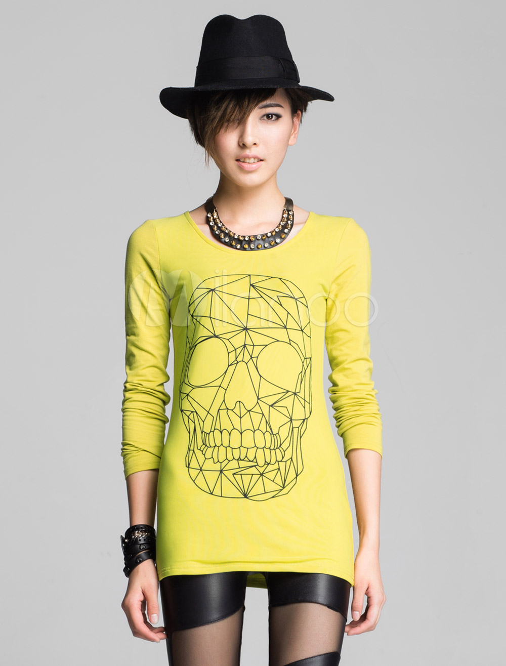 Popular Cotton Skeleton Long Sleeves Crewneck Women's Tee - Milanoo.com