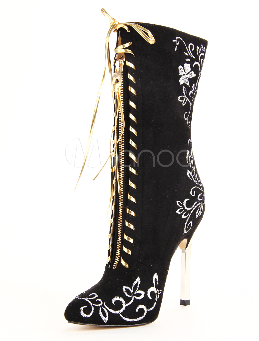 Popular Black Pointed Toe Stiletto Heel Micro Suede Women's Mid Calf Boots
