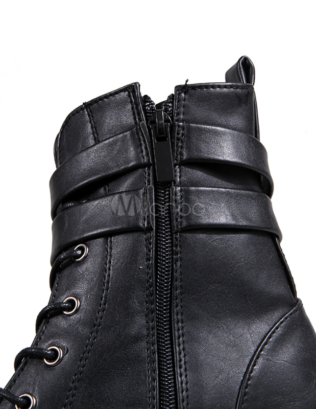 Black Grommets PU Leather Round Toe Fabulous Men's Boots