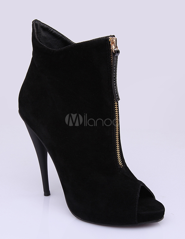 Black Peep Toe Cone Heel Monogram Suede High Heel Booties For Woman 5035