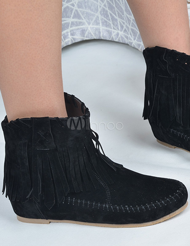 Round Toe Fringe PU Leather Fantastic Woman's Flat Booties - Milanoo.com