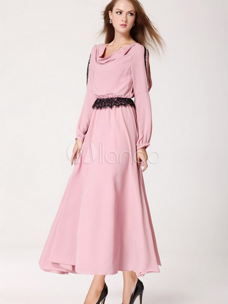 Sweet Pink Cowl Neck Lace Open Shoulder Long Sleeves Women's Maxi Dress ...