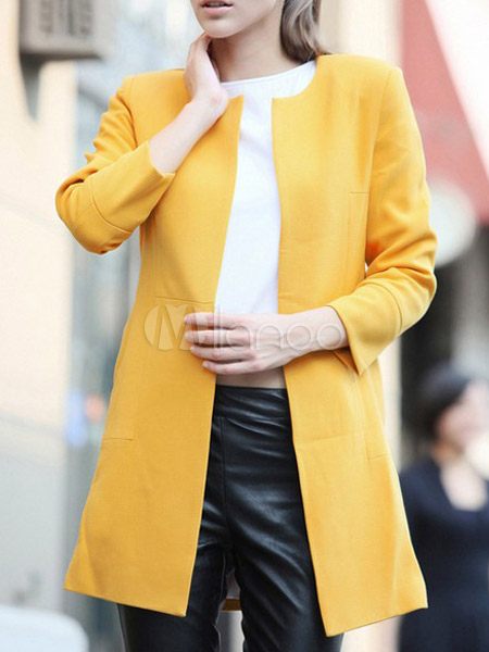 レディースコート 黄土色 オーバーコート 秋 長袖 ポリエステル 大きいサイズ 単色 Milanoo Jp