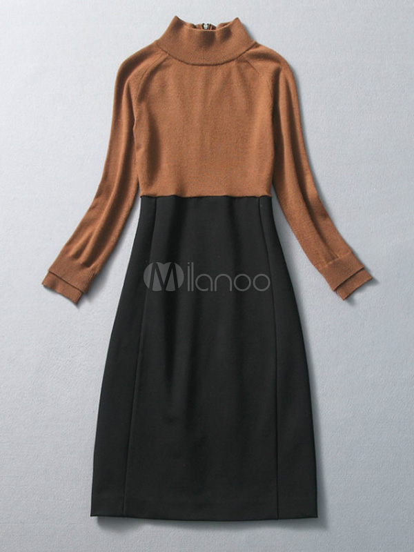 Fashion Split Color Long Sleeves Two-Tone Shaping Vintage Dress ...