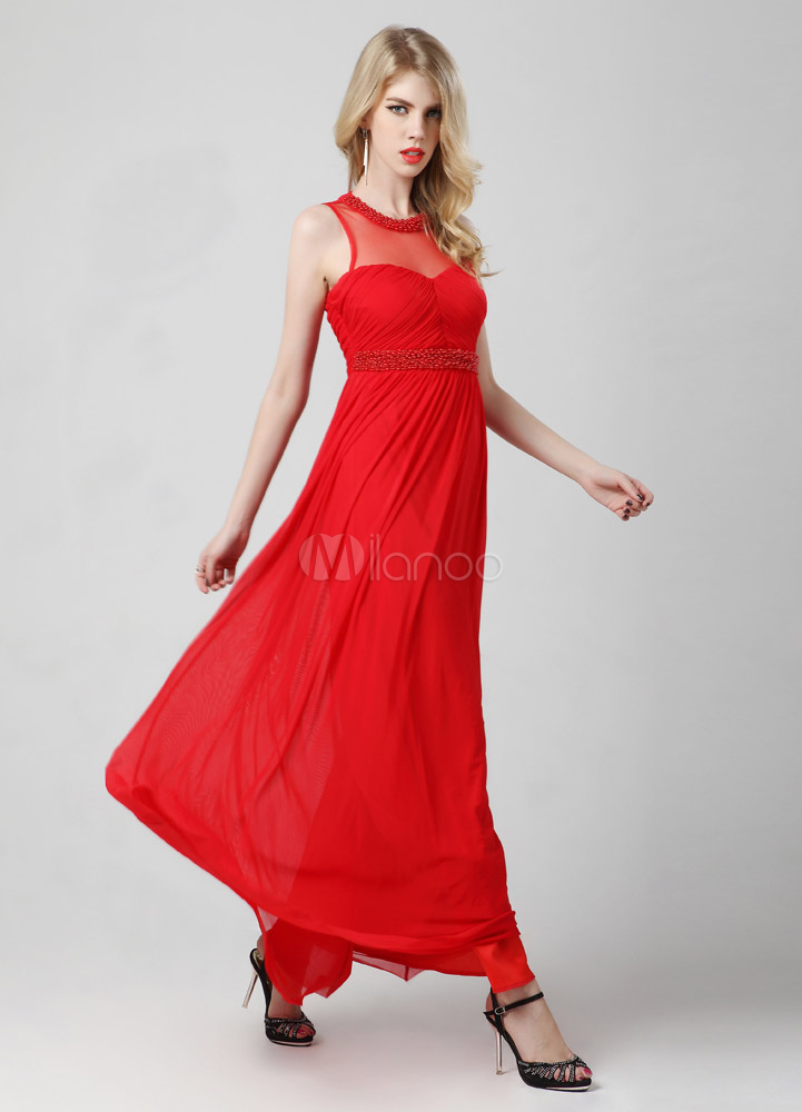 Red Beading Jewel Neck Aline Tulle Charming Evening Dress