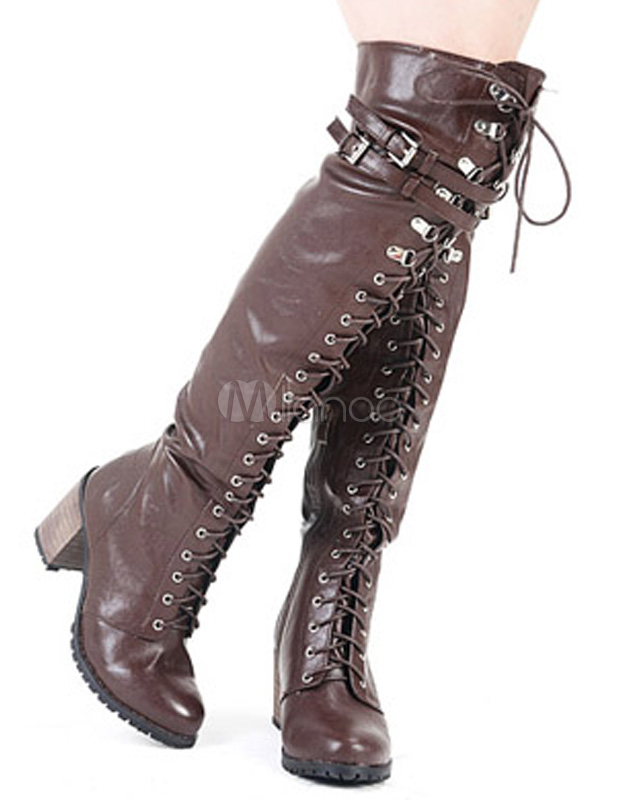 Cool Brown Round Toe Lace Up PU Leather Woman's Over the Knee Boots