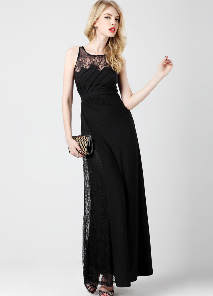 Black Jewel Neck Lace A-line Polyester Evening Dress For Women ...