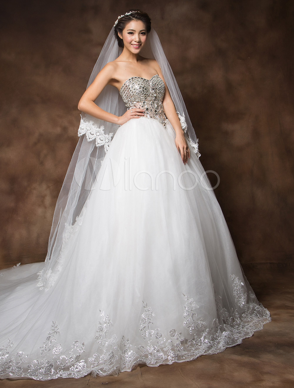 White A-line Sweetheart Neck Cathedral Train Wedding Dress For Bride ...