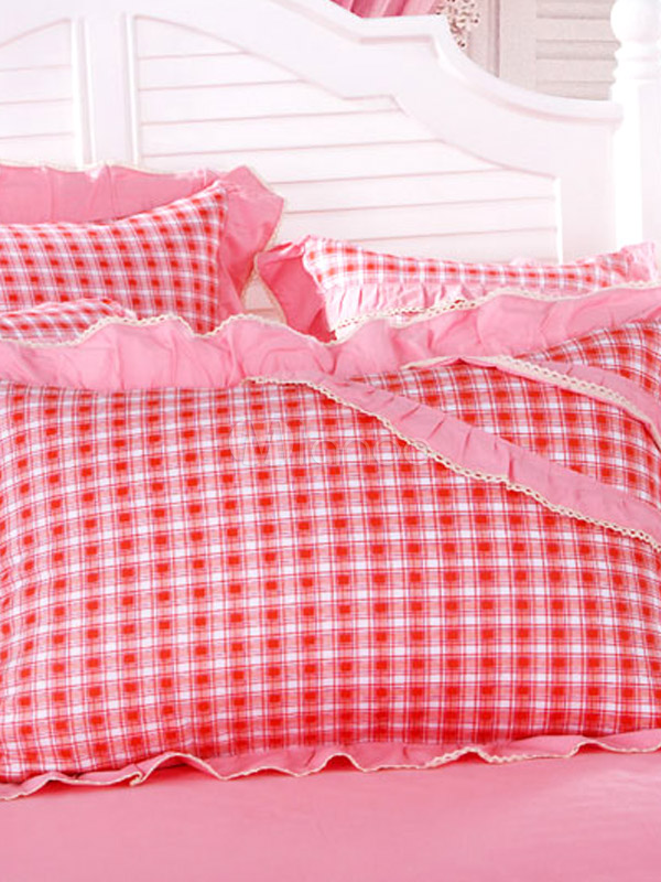 Sweet 4Piece Pink Plaid Cotton Bedding Set