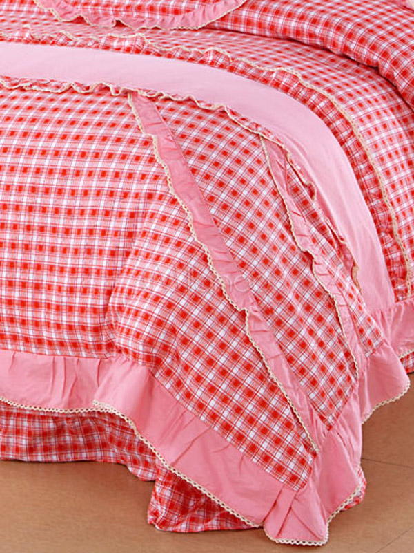 Sweet 4Piece Pink Plaid Cotton Bedding Set