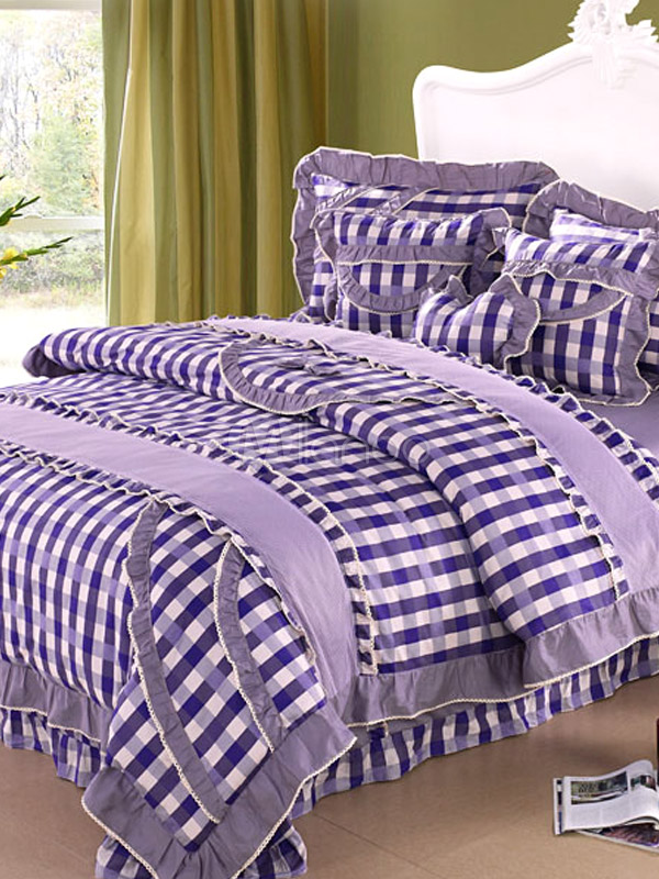 4Piece Purple Plaid Cotton Bedding Set