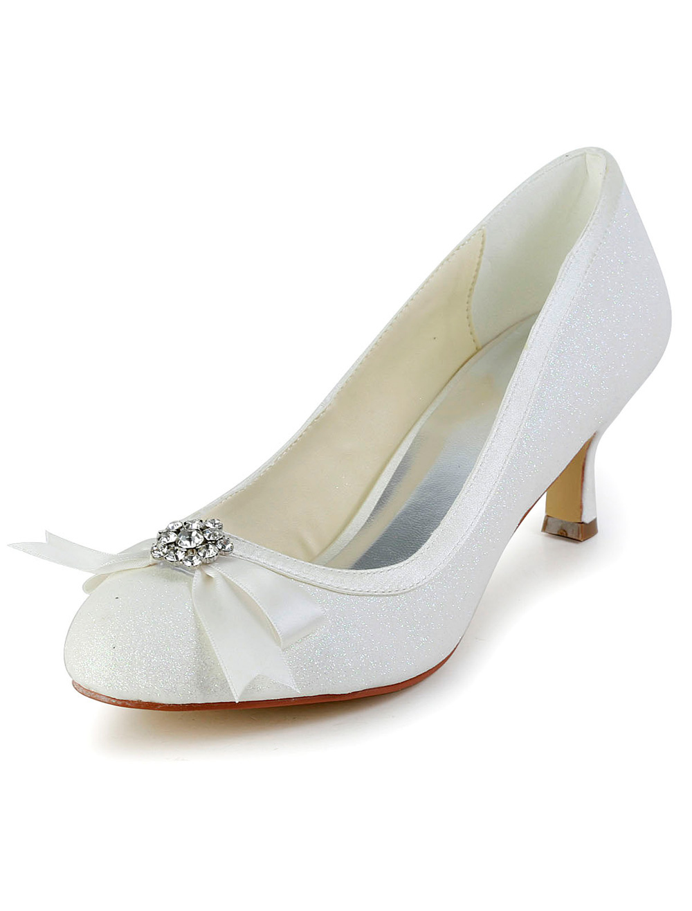White Sequined Cloth Glitter Rhinestone Round Toe Bridal Pumps ...