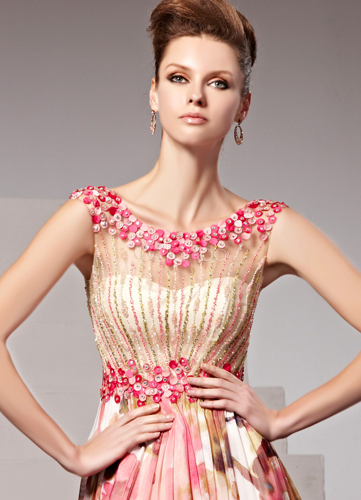 Pink Jewel Neck Aline Sleeveless Elastic Woven Satin Evening Dress