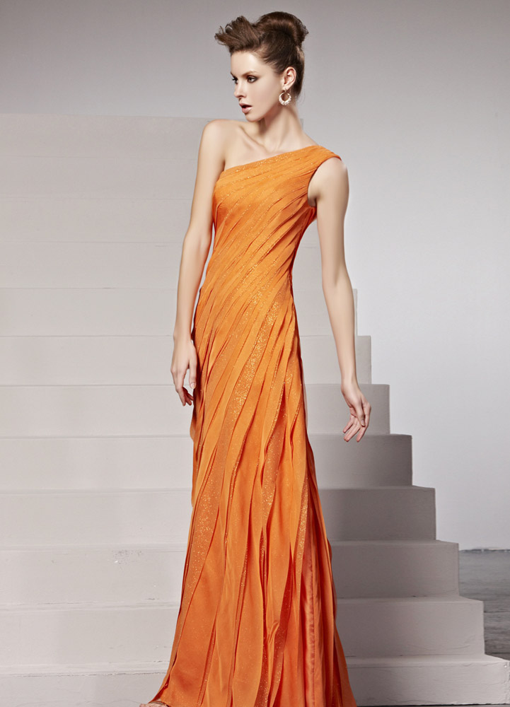Orange Sequin One-Shoulder Sheath Elastic Evening Dress For Women ...