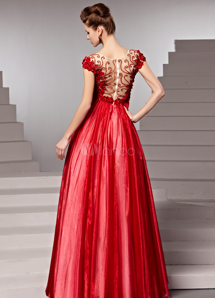 Red VNeck Beading Aline Short Sleeves Evening Dress For Women