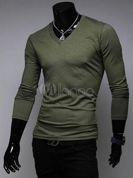 V-Neck Long Sleeves Cotton Solid Color Handsome Cool Men's T-Shirt ...