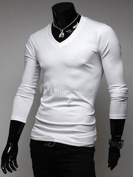 V-Neck Long Sleeves Cotton Solid Color Handsome Cool Men's T-Shirt ...