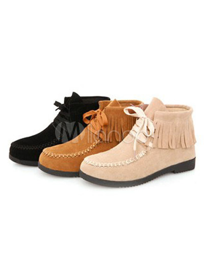 Dedo del pie redondo flecos gamuza cuero plano botines para las mujeres -  Milanoo.com
