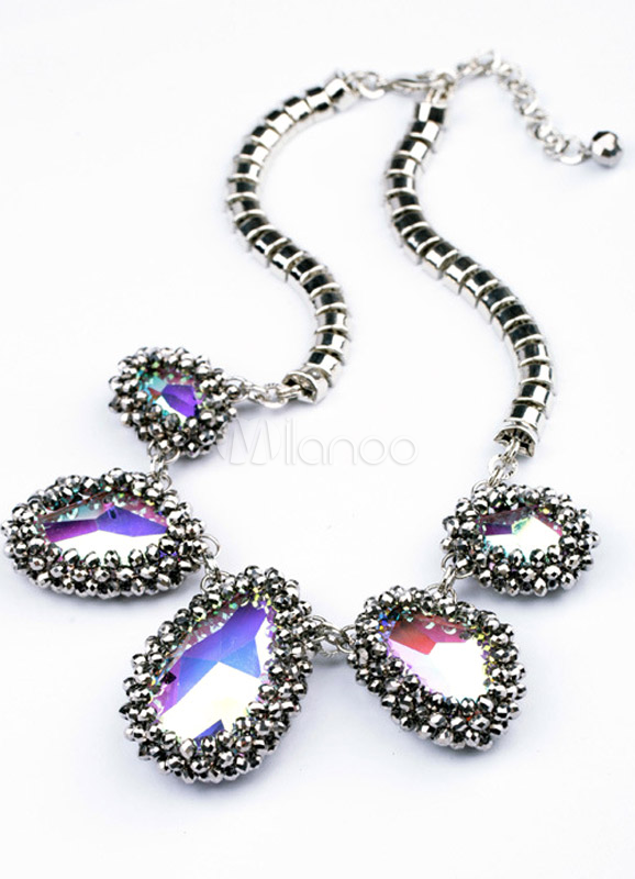 Silver Metal Glass Drops Design Women's Fashion Necklace - Milanoo.com