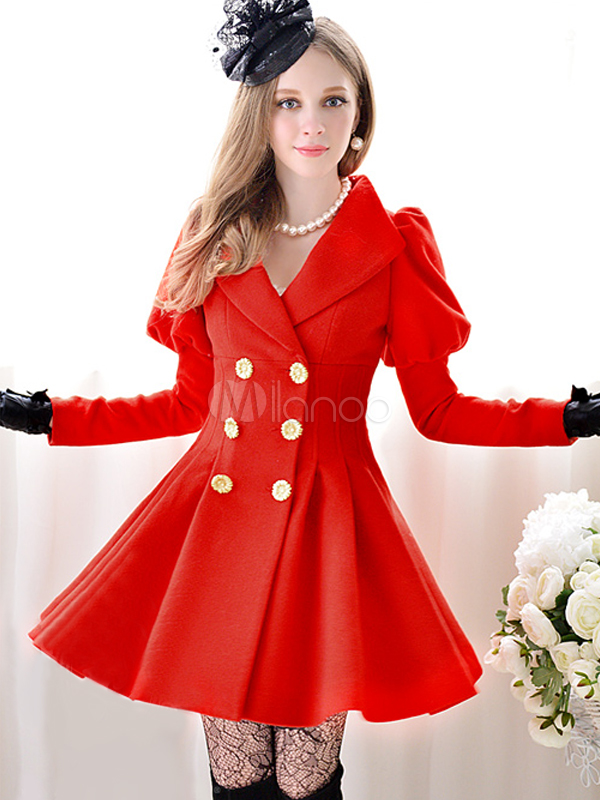 Red Wool Notch Collar Ruffles Long Sleeves Pea Coat for Woman - Milanoo.com