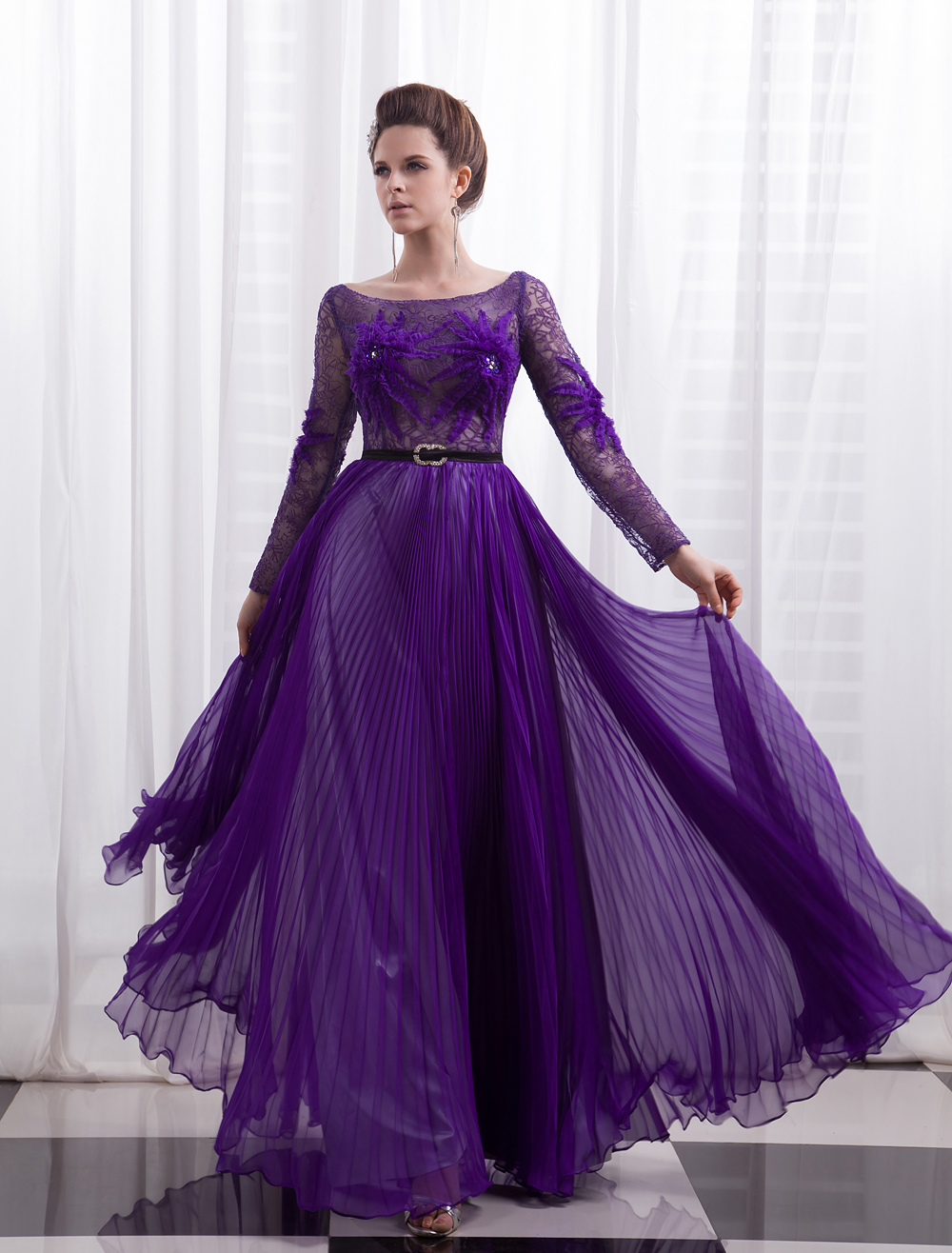 Deep Purple Sequin Scoop Neck Long Sleeves Aline Evening Dress Milanoo