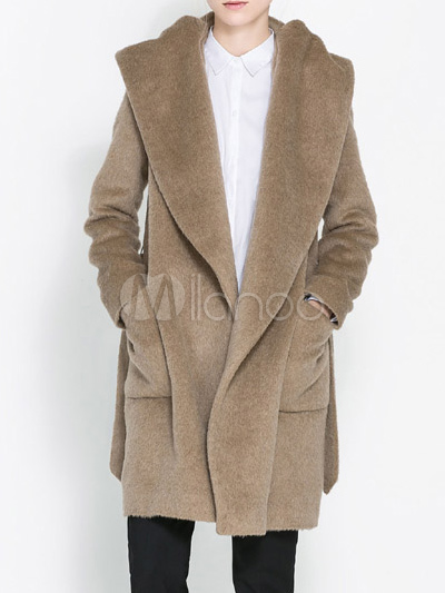 レディースコート ライトタン 薄黄土色 ラップコート ノッチカラー 長袖 ウール混紡 プラスサイズ 単色 Milanoo Jp