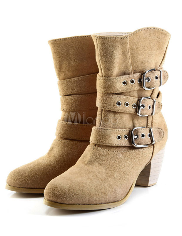 Apricot Buckles Chic Suede Leather Chunky Ankle Boots for Woman ...