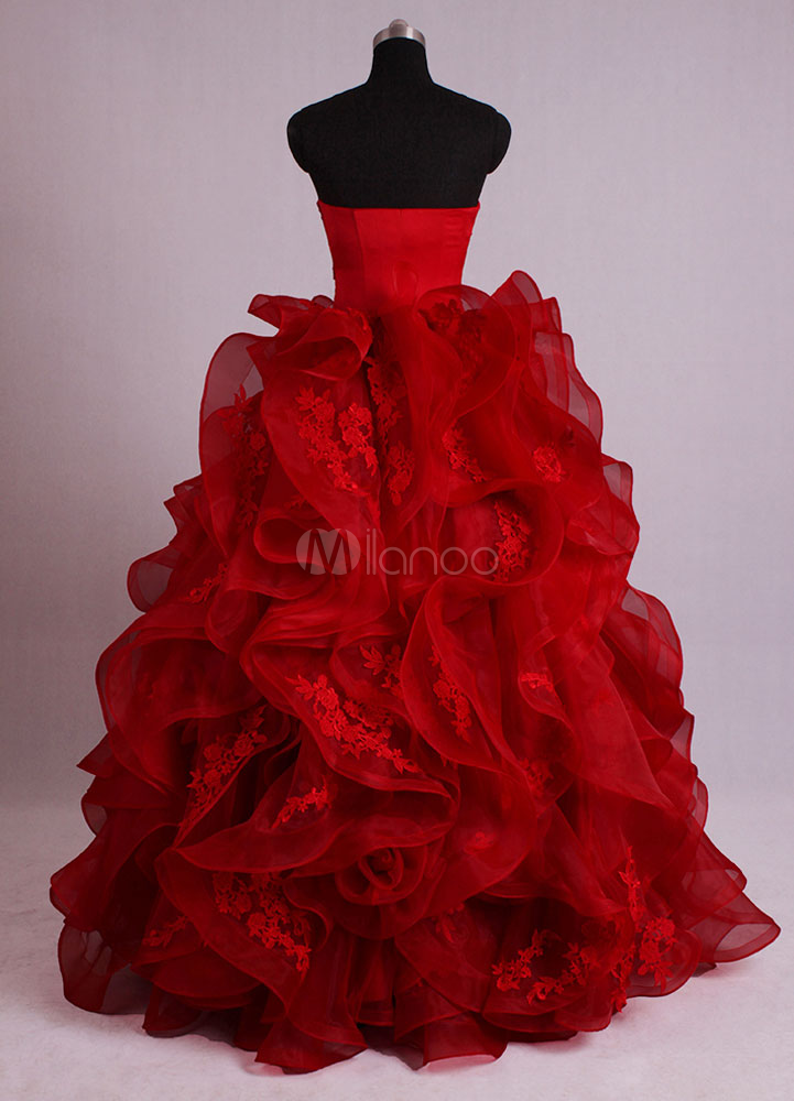 Ball Gown Strapless Tiered Organza Floor-Length Wedding Dress - Milanoo.com