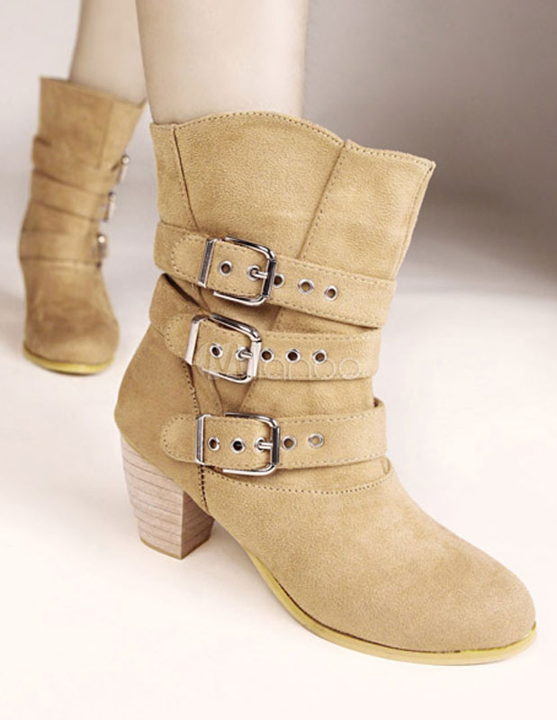 Apricot Buckles Chic Suede Leather Chunky Ankle Boots for Woman ...