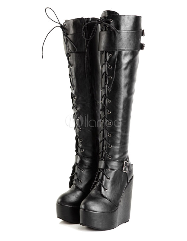 ladies black leather wedge knee high boots