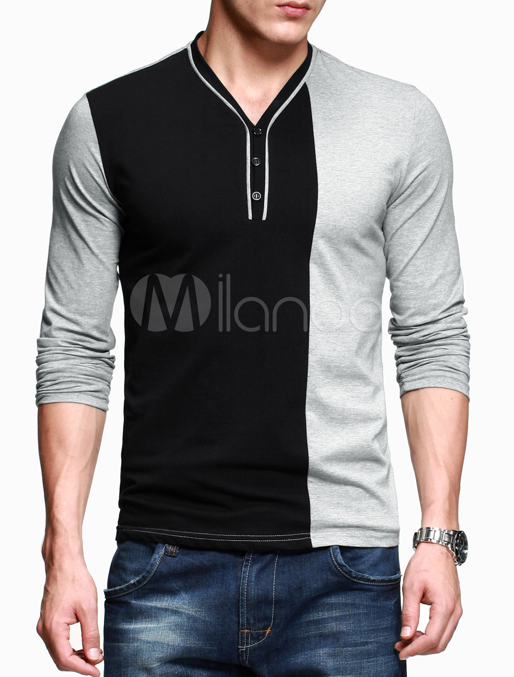 Trendy Piping Long Sleeves V-Neck Color Block Cotton Men's T-Shirt ...
