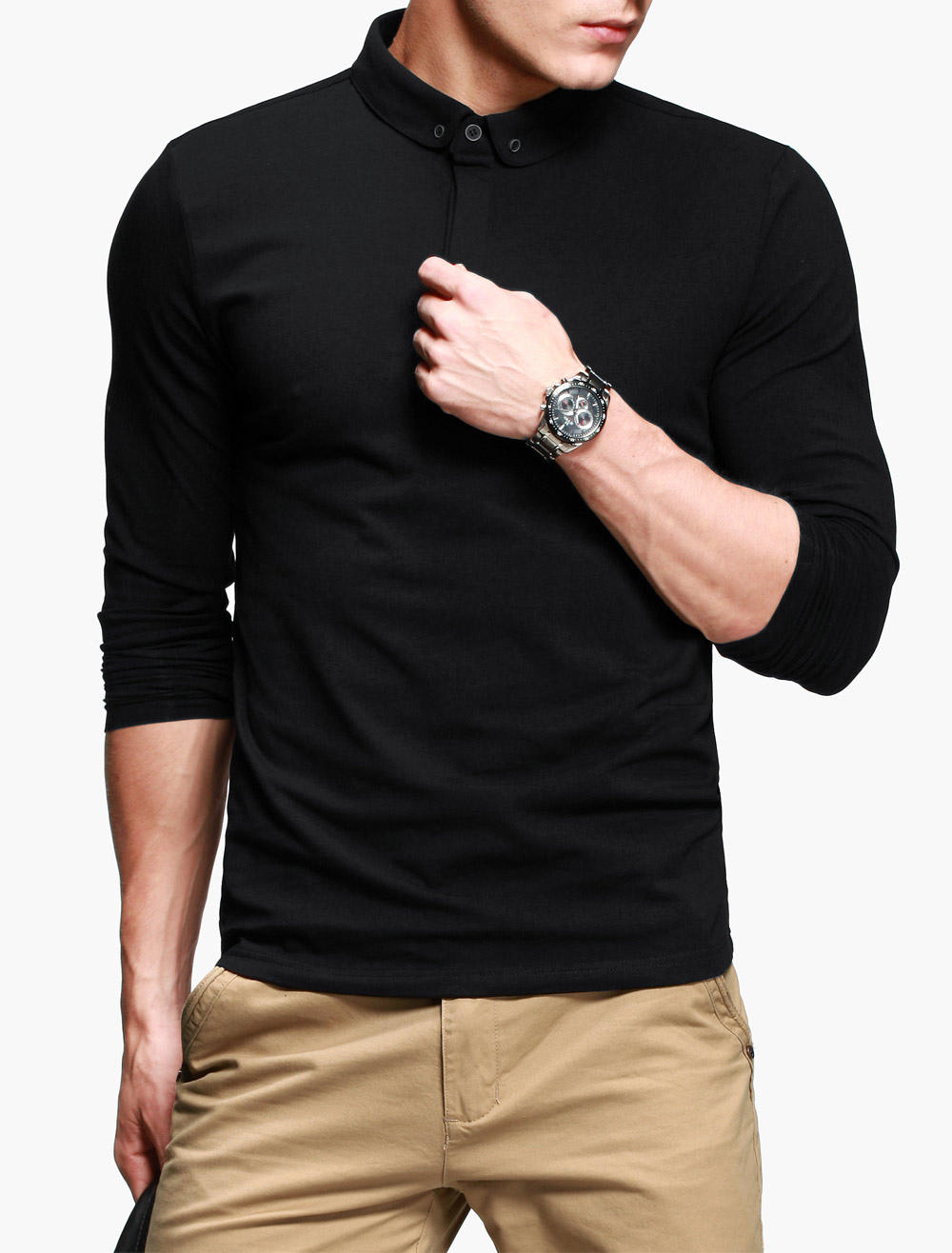 Long Sleeves Button Down Neck Solid Color Cotton Men's Polo Shirt ...