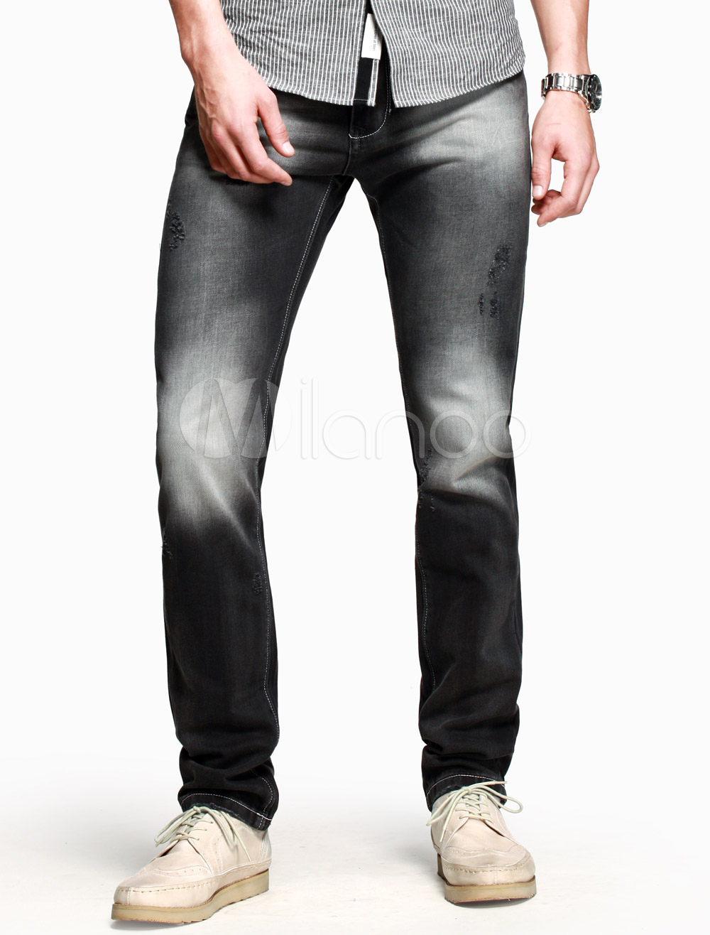 Black Distressed Cotton Cool Men's Straight Jeans - Milanoo.com