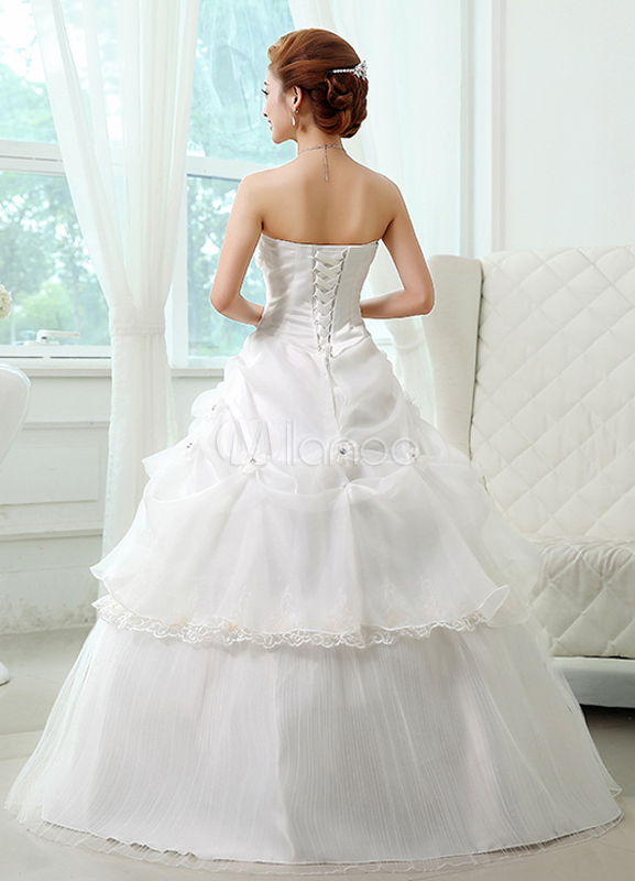 White Ball Gown Strapless Flower Floor Length Wedding Dress For Bride 2854