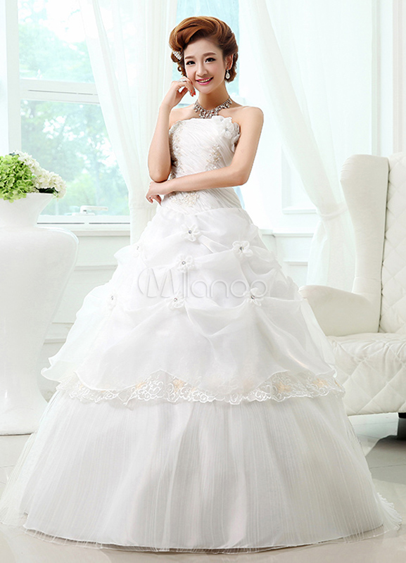 White Ball Gown Strapless Flower Floor Length Wedding Dress For Bride 1547