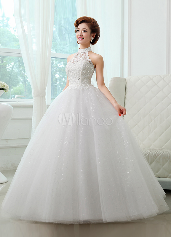 White Ball Gown Halter Lace Floor-Length Bridal Wedding Dress - Milanoo.com
