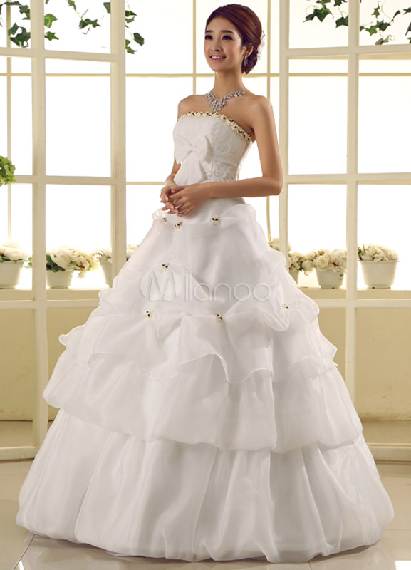White Ball-Gown Strapless Pleated Lace Wedding Dress