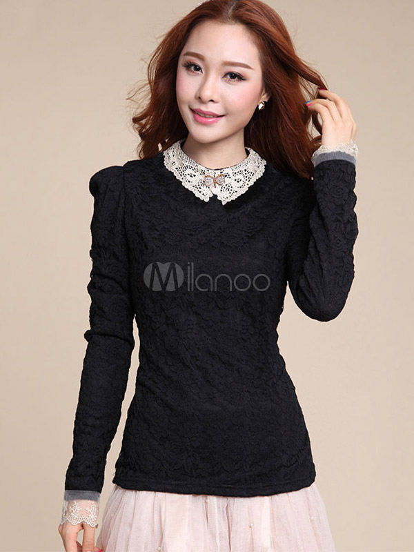 Solid Color Lace Long Sleeves Embellished Collar Modern Women's Tee ...