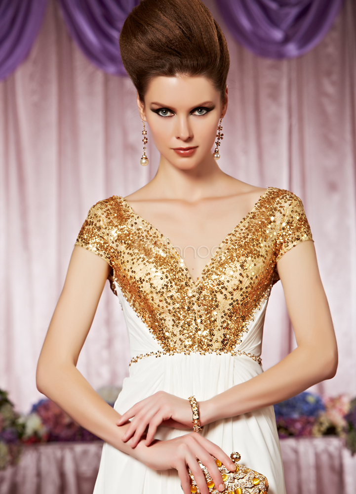 Elegant Ivory V-Neck Short Sleeves Sequin A-line Prom Dress - Milanoo.com