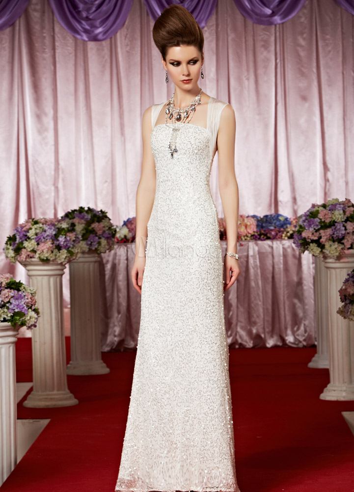 White Queen Anne Neck Sequin Sheath Elastic Woven Satin Prom Dress