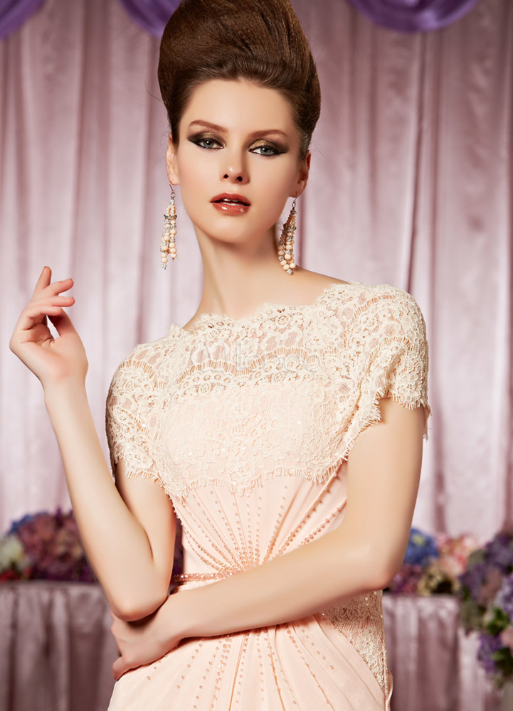 Pink Jewel Neck Pleated Sheath Short Sleeves Chiffon Evening Dress