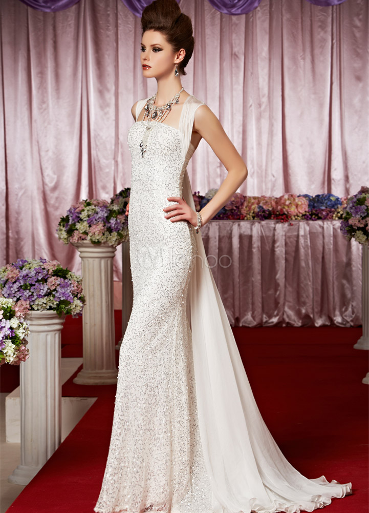 White Queen Anne Neck Sequin Sheath Elastic Woven Satin Prom Dress