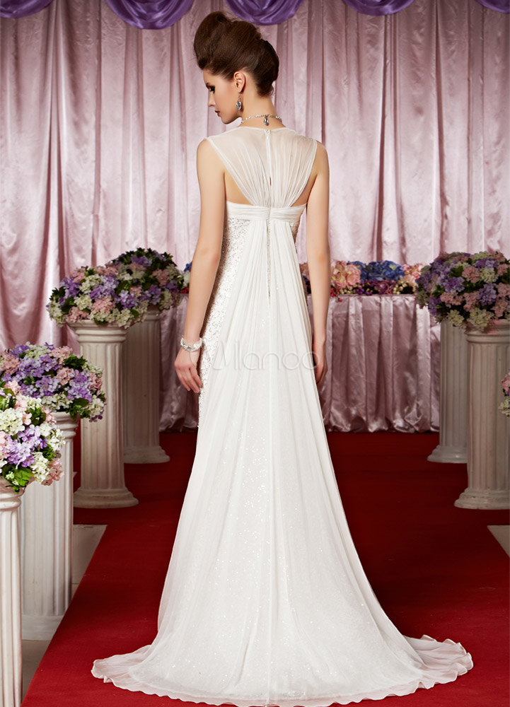 White Queen Anne Neck Sequin Sheath Elastic Woven Satin Prom Dress