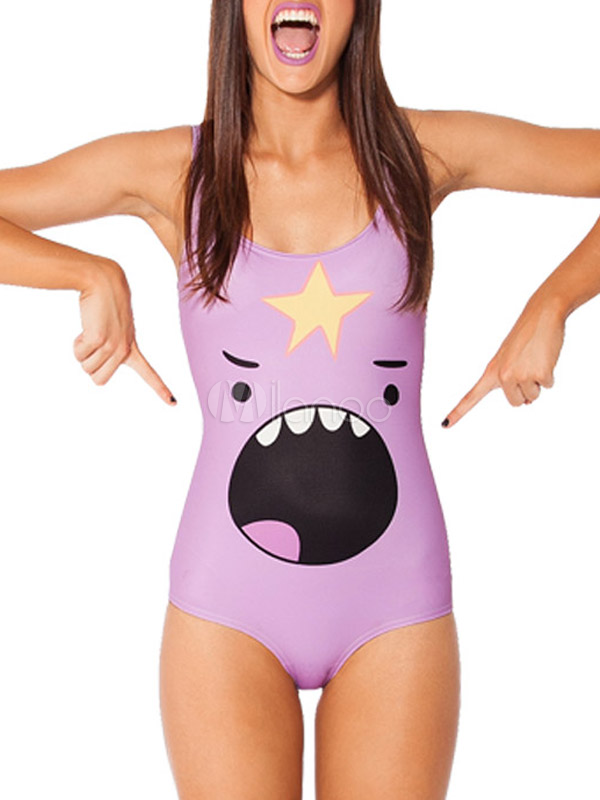 Purple Cartoon Characters Print Fashion One Piece Swimsuit