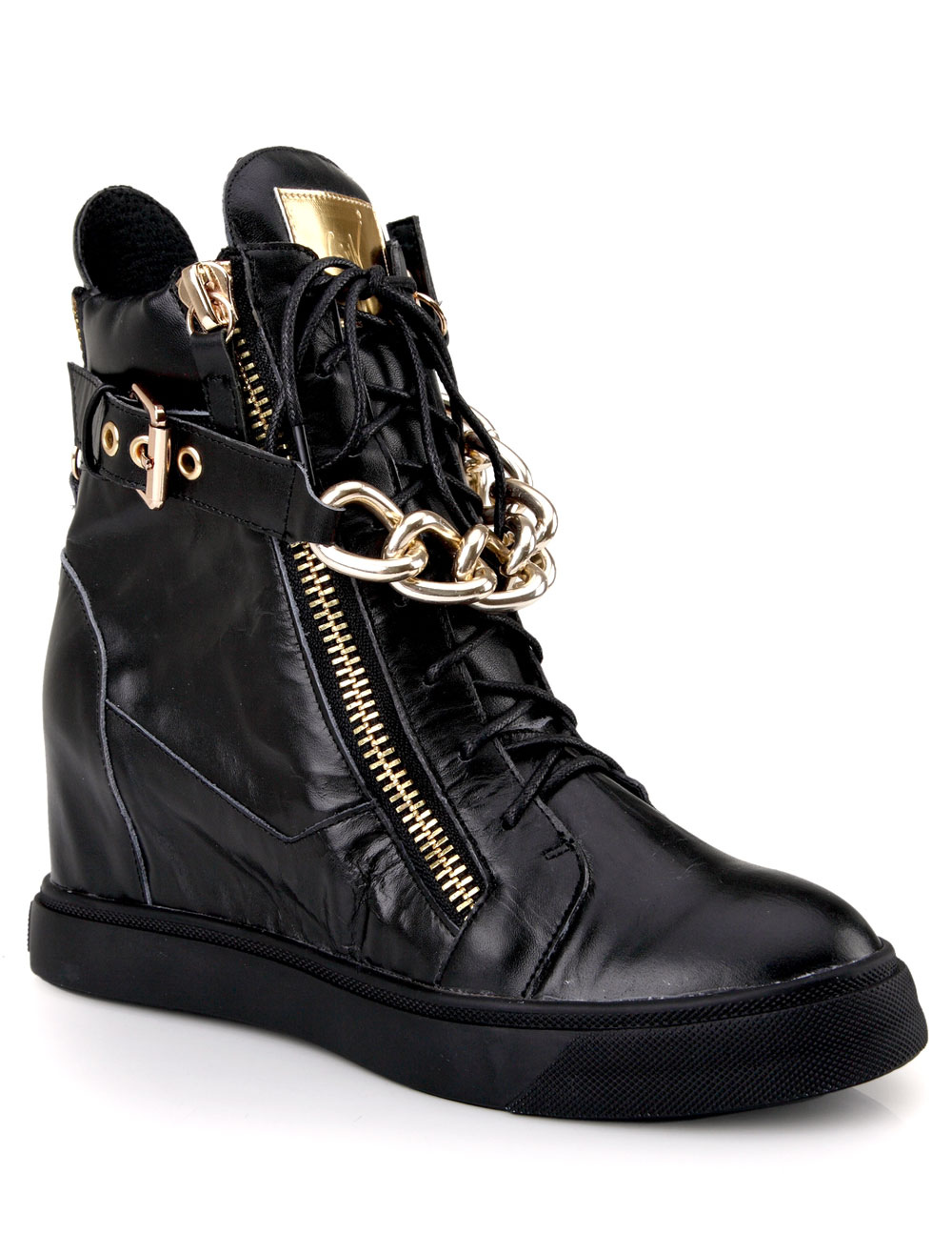 Black Zipper Chains Almond Toe Cowhide Wedge Ankle Boots for Woman ...