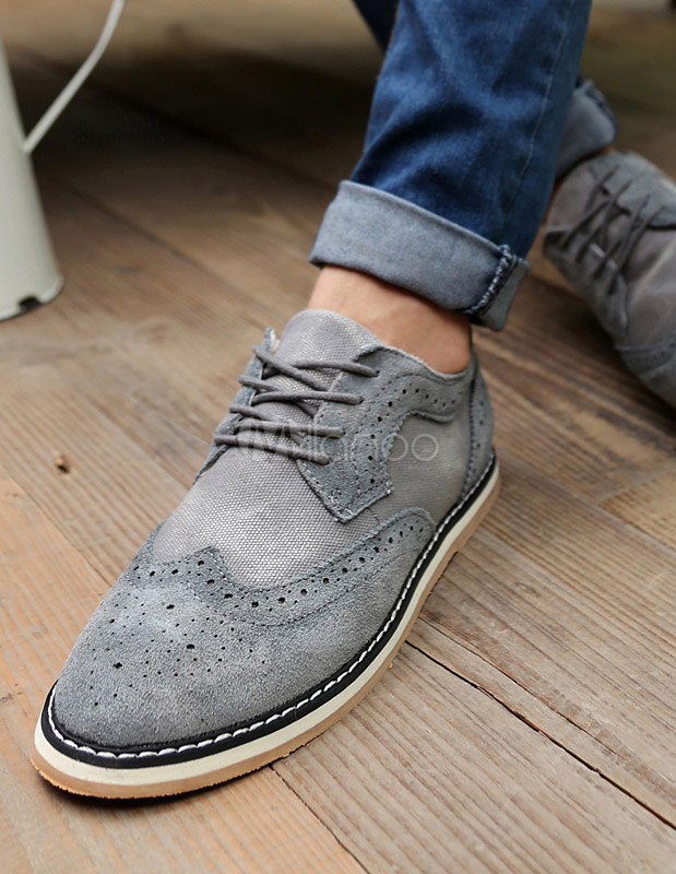 Gray Round Toe Lace Up Monogram Suede Stylish Man's Casual Shoes ...