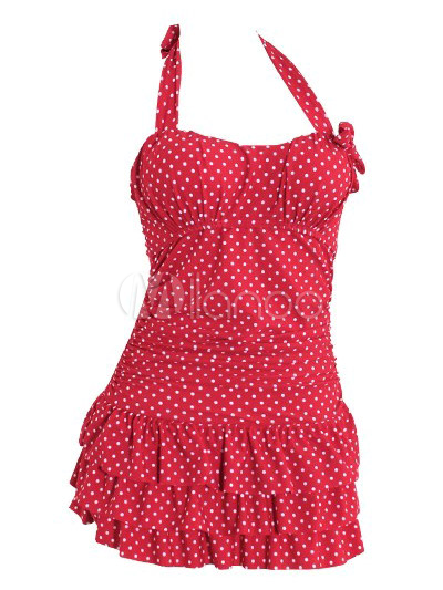 Red Polka Dot Cut Out Halter Lovely Women's Swimdress - Milanoo.com