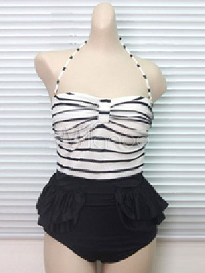 Black Striped Lycra Spandex One Piece Swimsuit For Lady - Milanoo.com